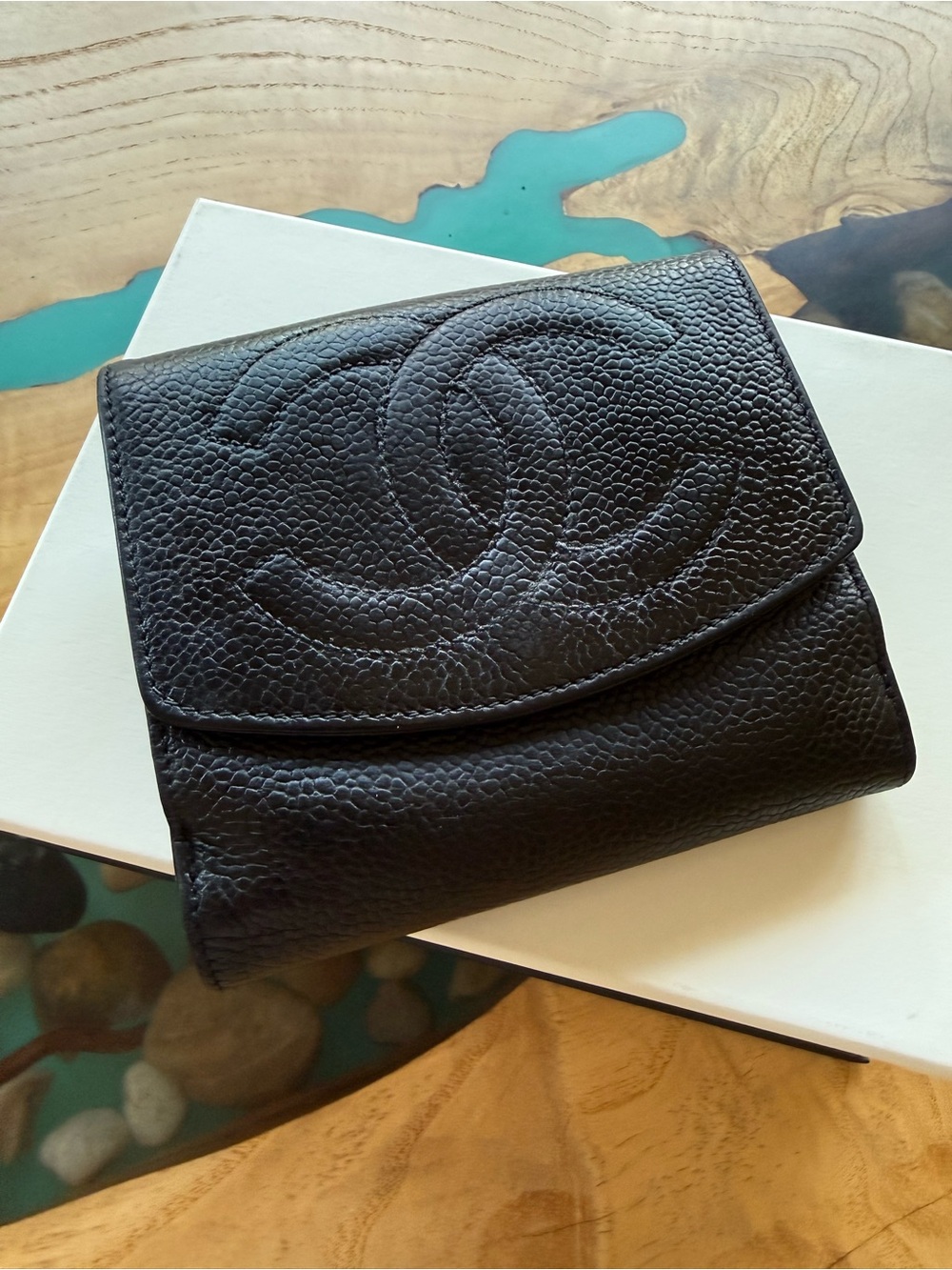CHANEL Black Caviar Leather Fold Wallet with Embossed CC